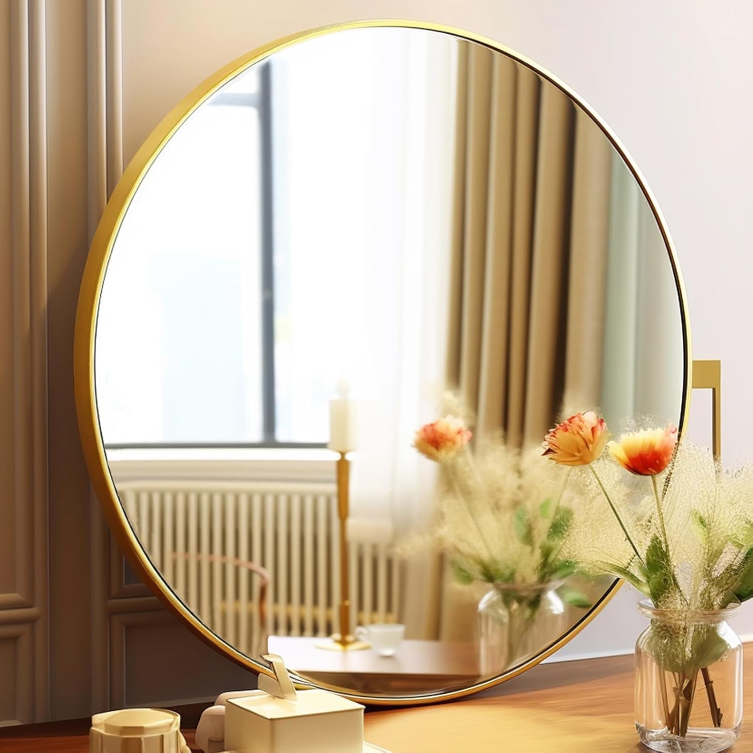 Gold Round Mirror, 24 inch Circle Mirror, Gold Metal Frame Bathroom Mirrors, Rou...