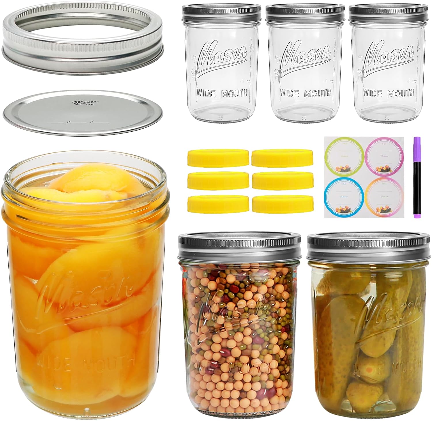 Accguan Mason Jar Set of 6,16oz Airtight Glass Jars wit Lids, Includes Purple Pe...
