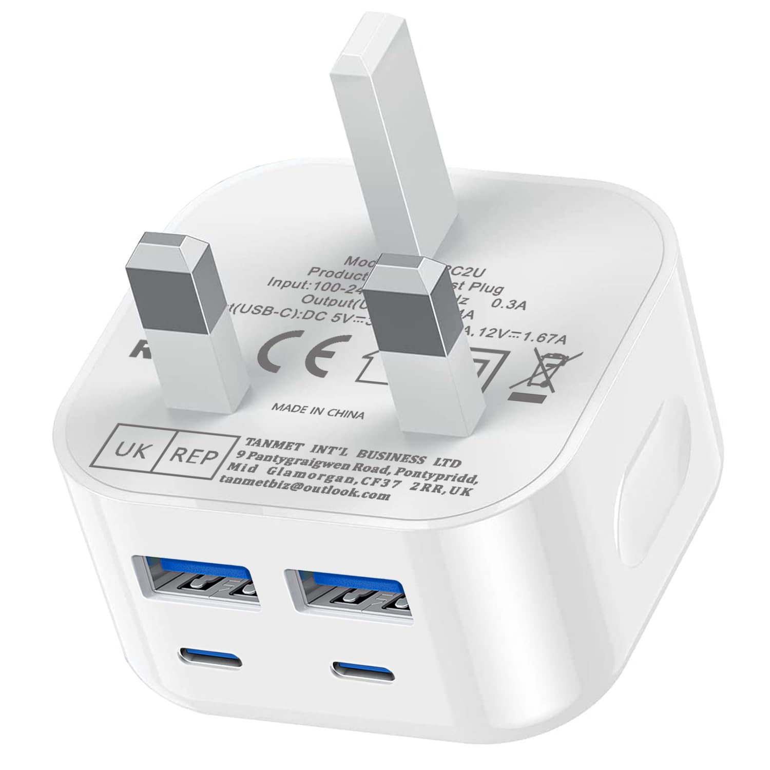 USB C Plug Fast Charge, 40W Multi USB Plug UK Fast Charger Plug 4-Port Dual Port...