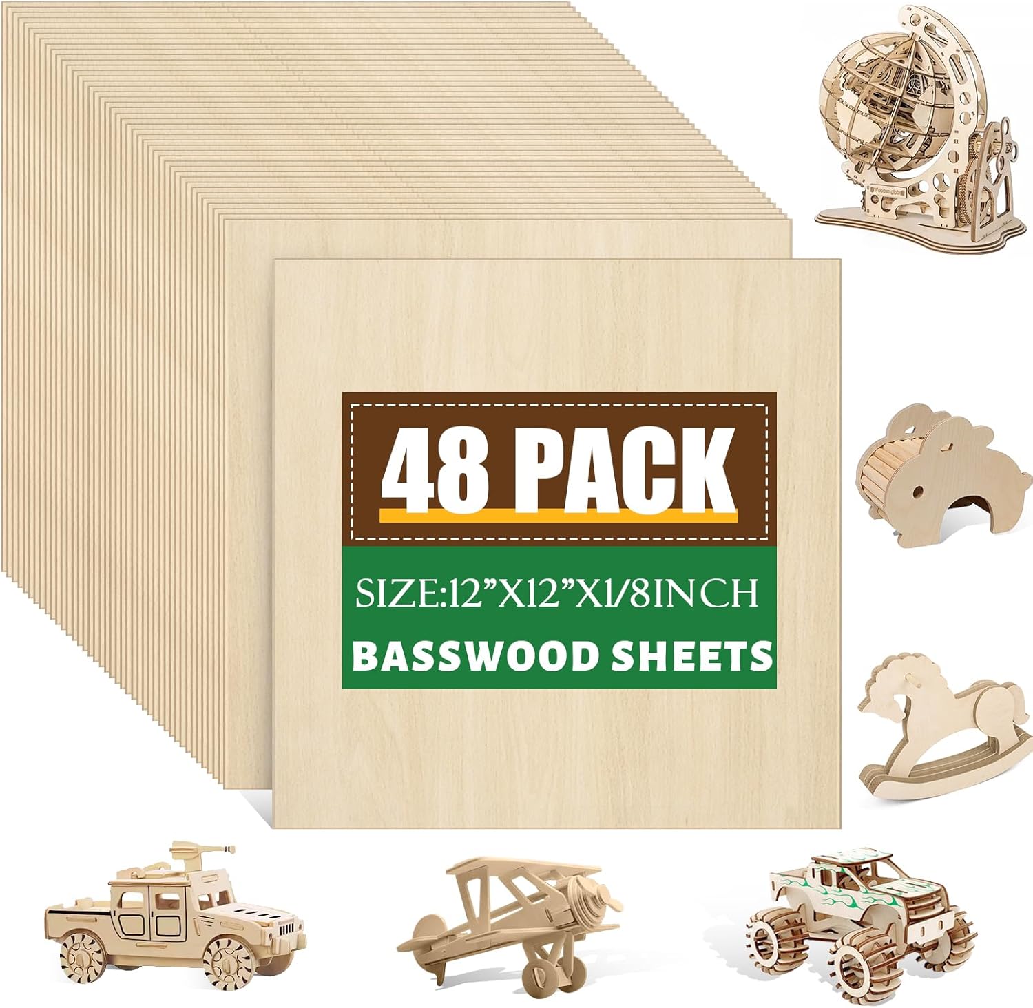 48 Pack Basswood Sheets 1/8x12x12 Inch, Unfinished Wood for Crafts, 3mm Basswood...