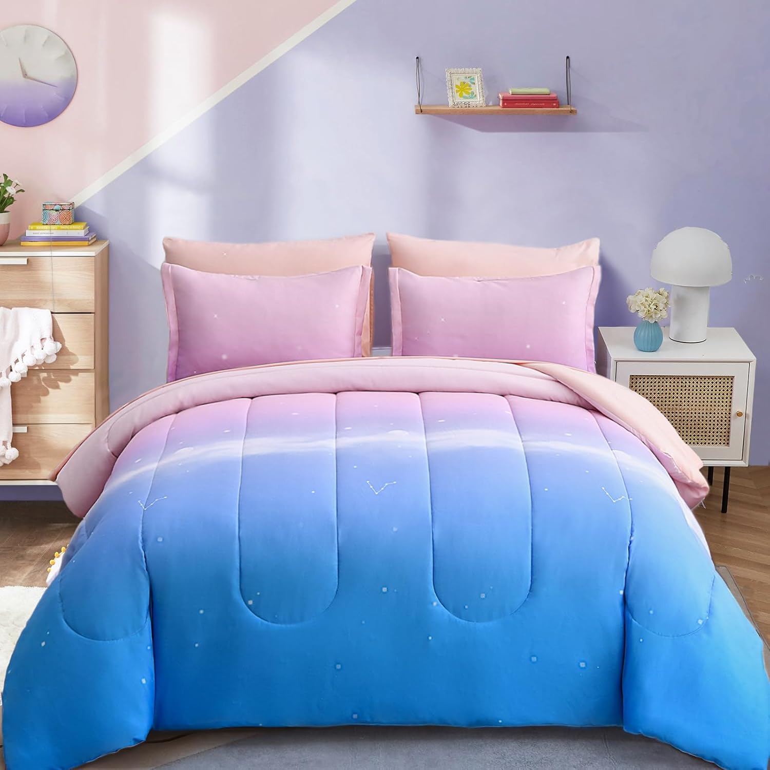 Dinjoy Girls Comforter Set Twin Size Colorful Rainbow Ombre Pink Blue Bedding Se...