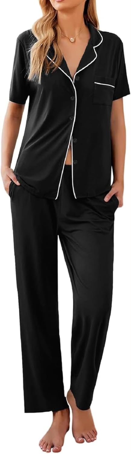 Ekouaer Women Pajamas Set Button Down Sleepwear Short Sleeve Nightwear with Long...