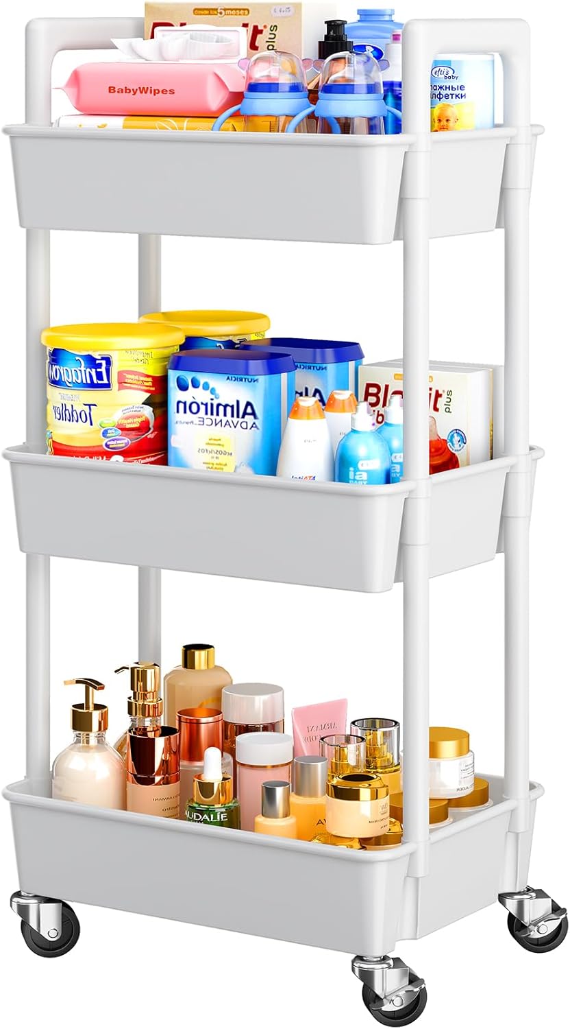 Pipishell 3 Tier Rolling Cart Organizer, Plastic Rolling Cart with Lockable Whee...