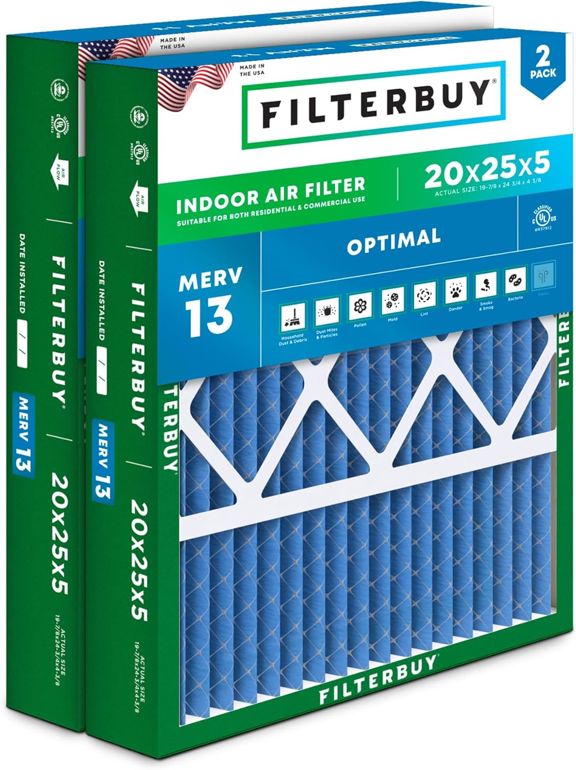 Filterbuy 20x25x5 Air Filter MERV 13 Optimal Defense (2-Pack), Pleated HVAC AC F...