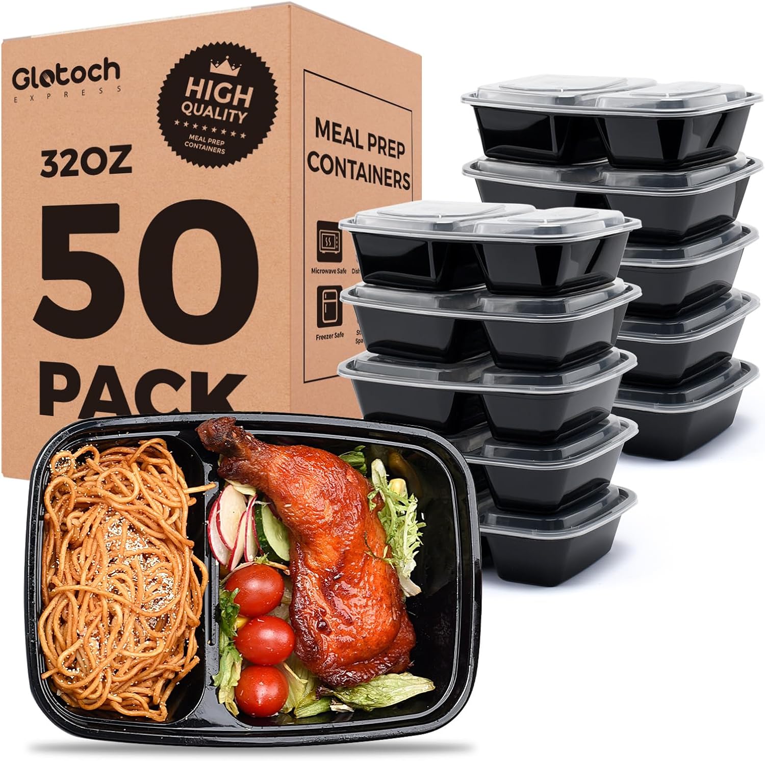 Glotoch 50 Pack 32 oz Meal Prep Containers Reusable, 2 Compartment Food Containe...
