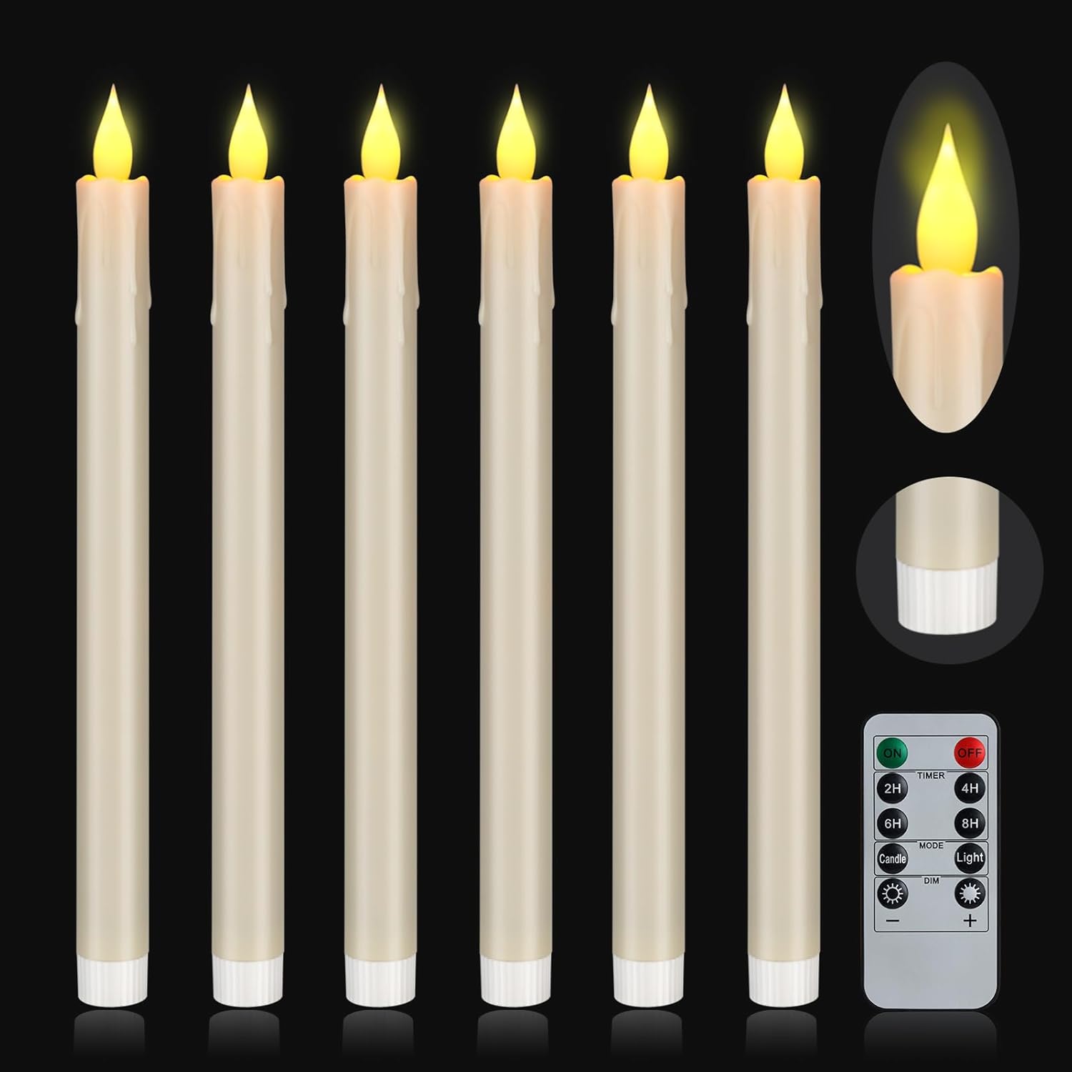 Flameless Taper Candles 10.6" Dripless Battery Operated with Remote Timer 6 Pack...