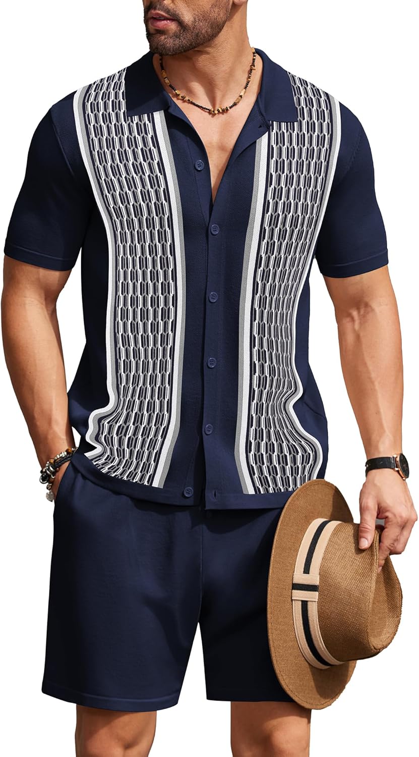 COOFANDY Men's 2 Piece Outfit Vintage Short Sleeve Button Down Knit Polo Shirts...