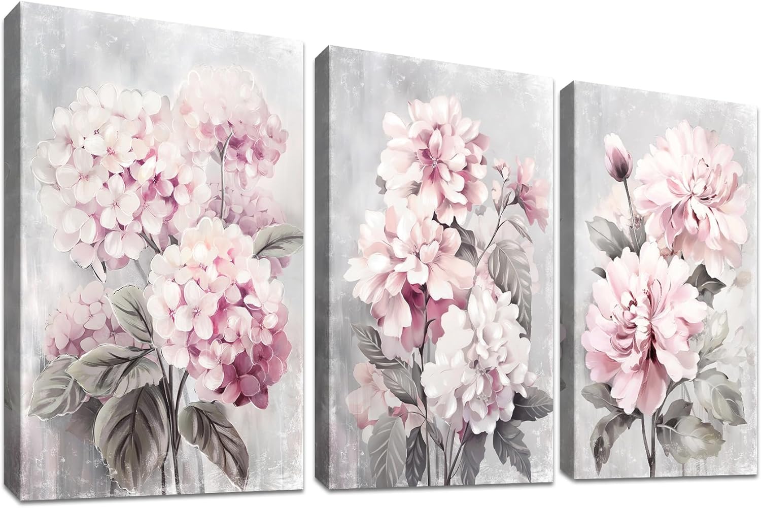Stylish 3 Pcs Wooden Framed Canvas Wall Art, Unique Blush Grey Pink Floral Canva...