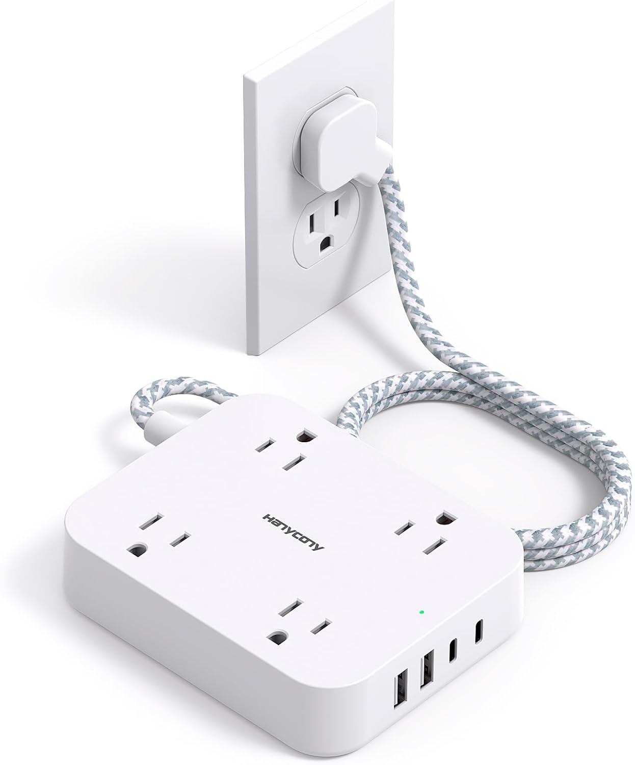 Flat Plug Extension Cord, 5ft Power Strip with 4 USB Ports(2 USB C), 4 Widely Ou...
