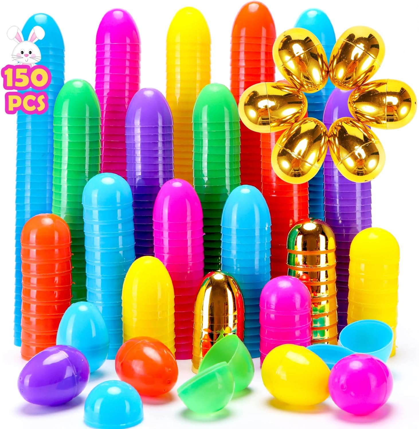150 Easter Eggs, 2.36" Bright Colors Plastic Easter Eggs Empty Include 6 Golden...
