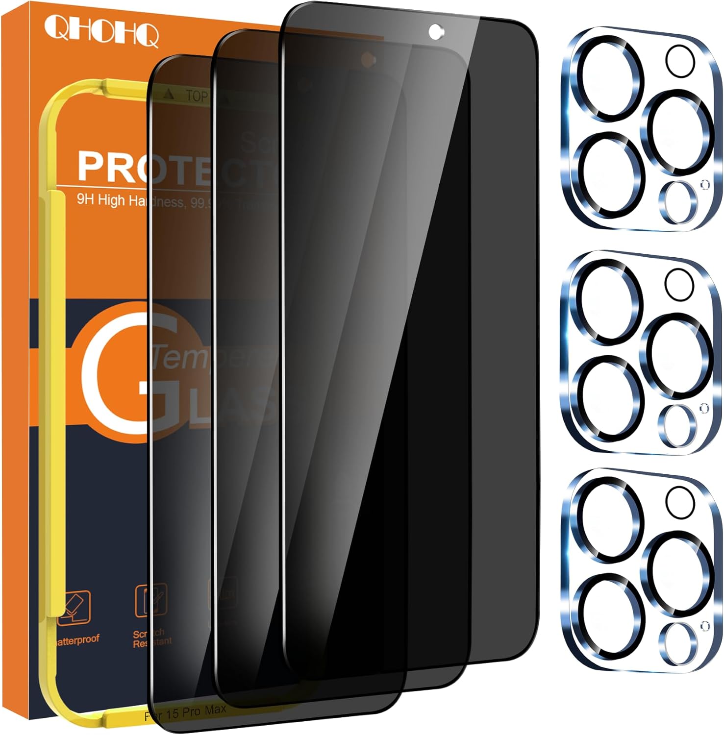 QHOHQ 3 Pack Privacy Screen Protector for iPhone 15 Pro Max [6.7 Inch] with 3 Pa...