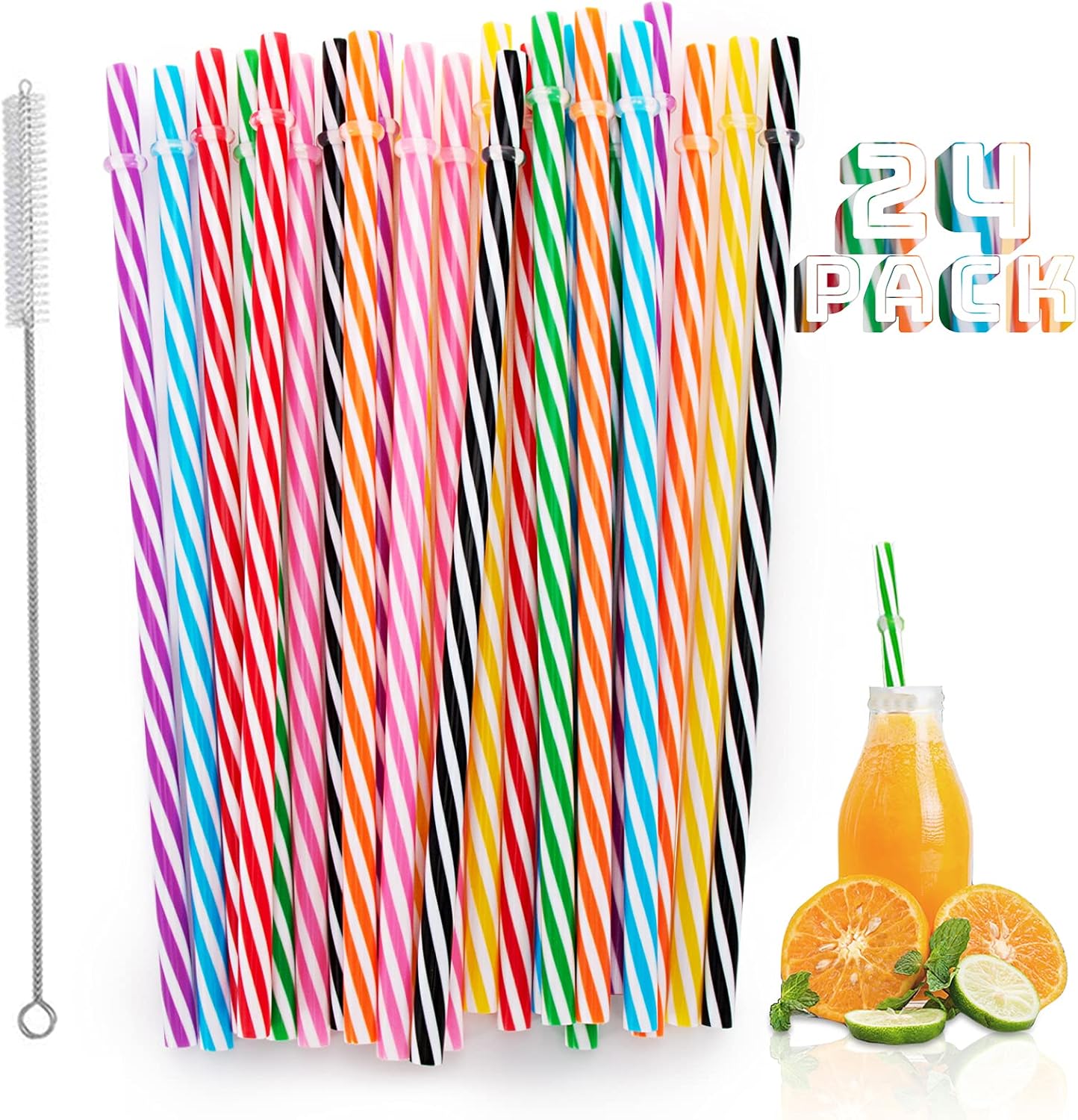Reusable Plastic Straws, 24 pcs Non Disposable Candy-Striped Drinking Straws wit...