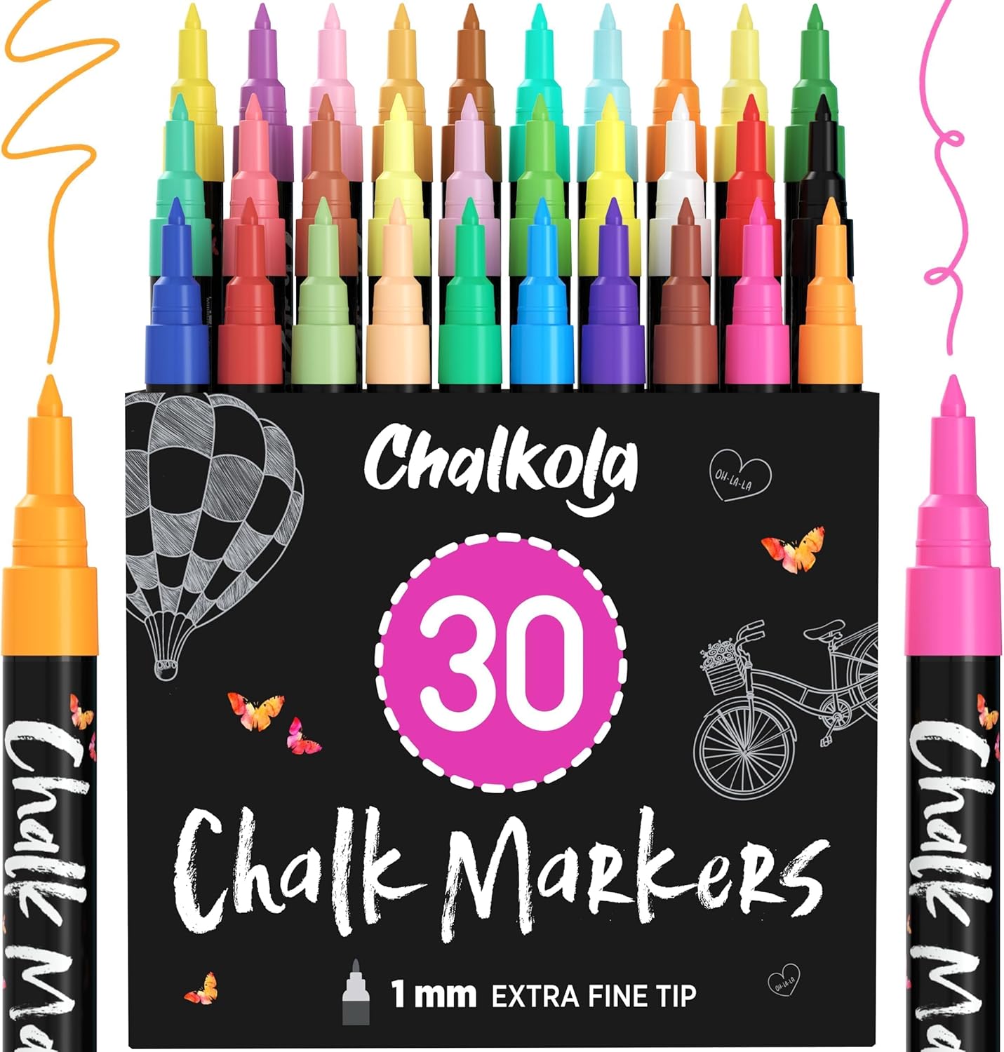 Extra Fine Tip Liquid Chalk Markers for Blackboard (30 Pack 1mm) Pastel + Neon C...
