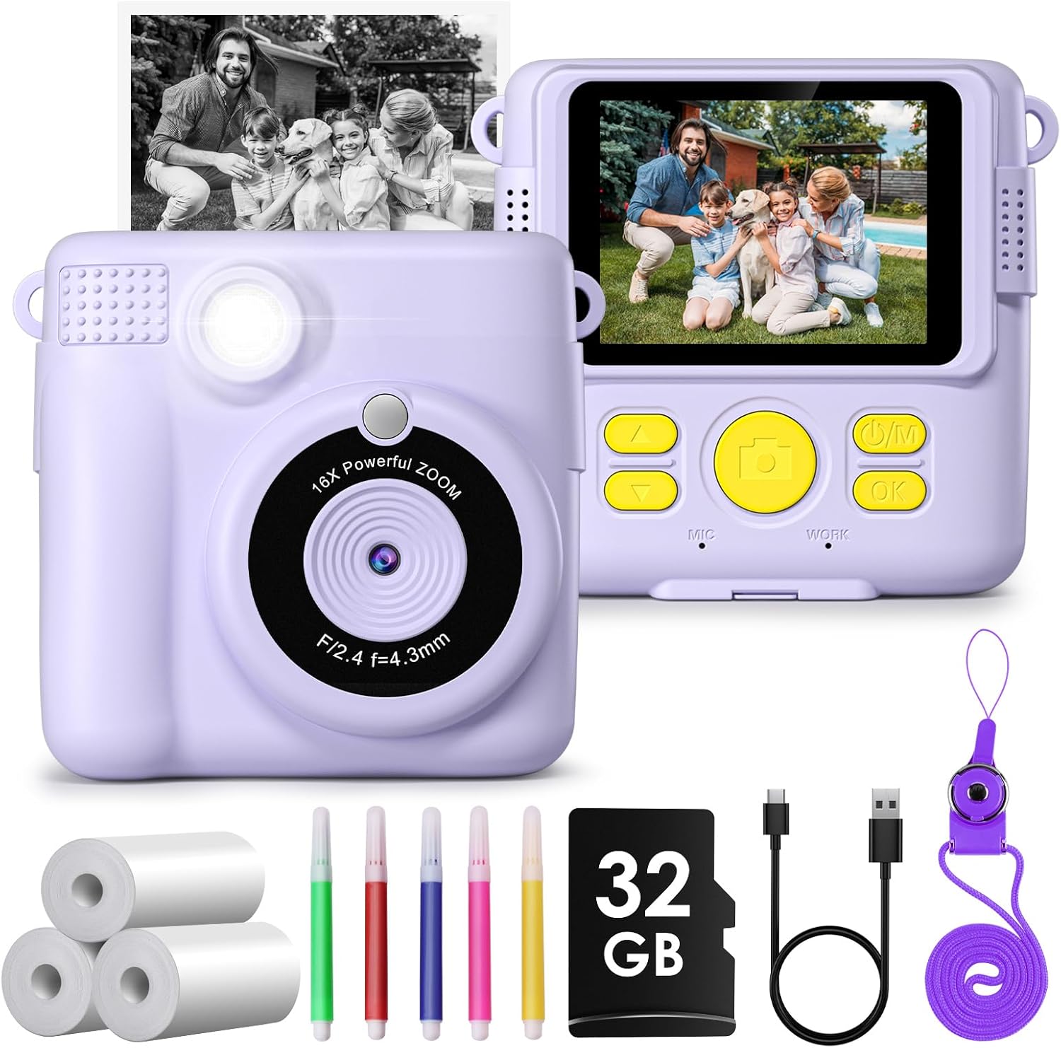 GREENKINDER Kids Camera Instant Print, 2.4'' Instant Print Camera for Kids with...