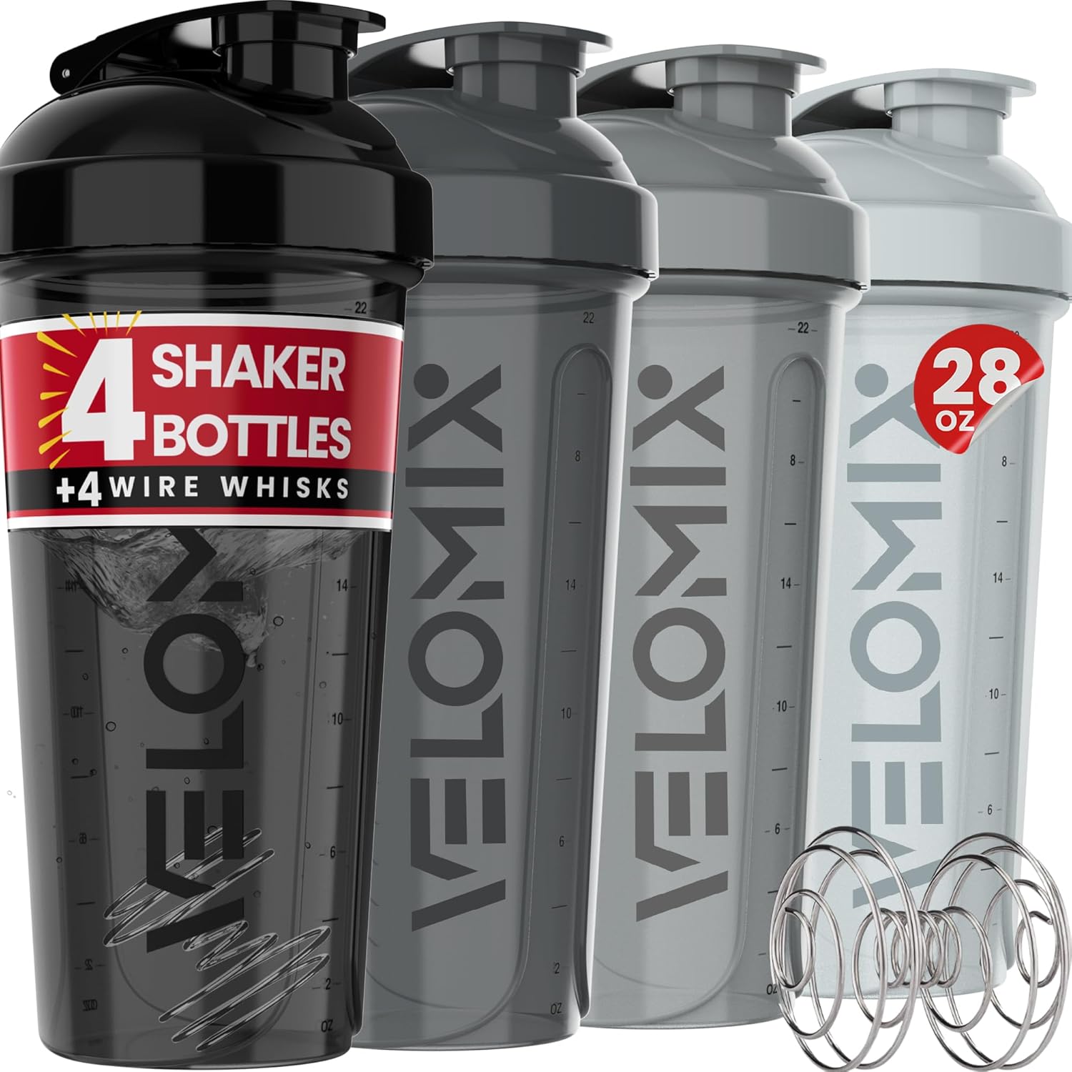 -4 PACK- 28 oz Protein Shaker Bottle for Protein Mixes - 4x Wire Whisk | Leak Pr...