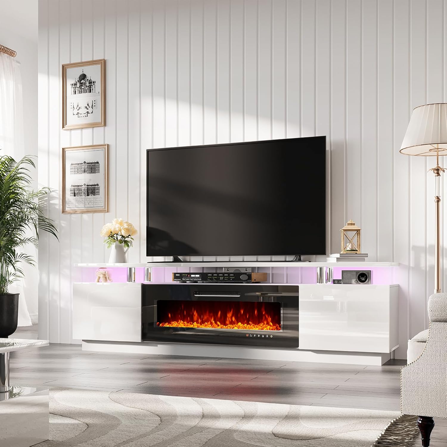 AMERLIFE Fireplace TV Stand with 40" Fireplace, 80" Modern High Gloss Fireplace...