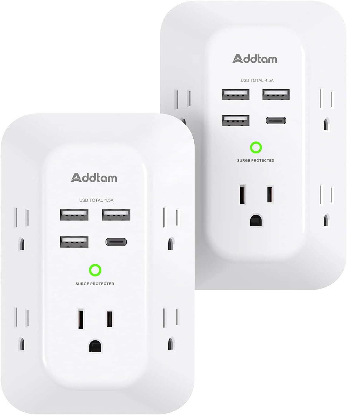 2 Pack Addtam USB Wall Charger Surge Protector, 5 Outlet Extender with 4 USB Cha...