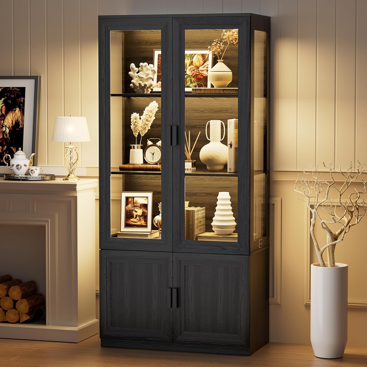 Display Cabinet with Glass Doors, Curio Storage Cabinet with 3 Shelves, Bookcase...