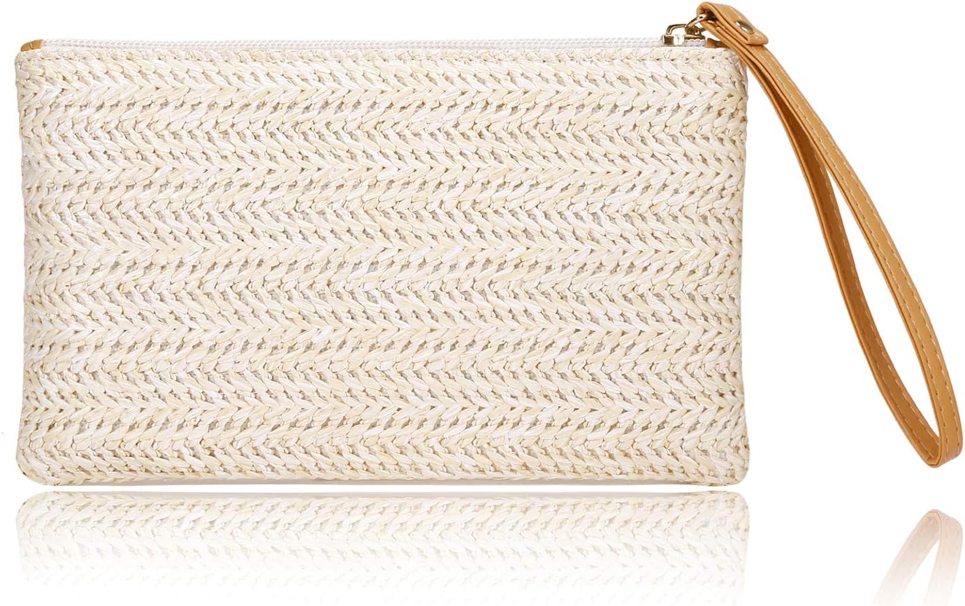 COOKOOKY Womens Straw Clutch Bag Bohemian Summer Beach Straw Purse Zipper Wristl...
