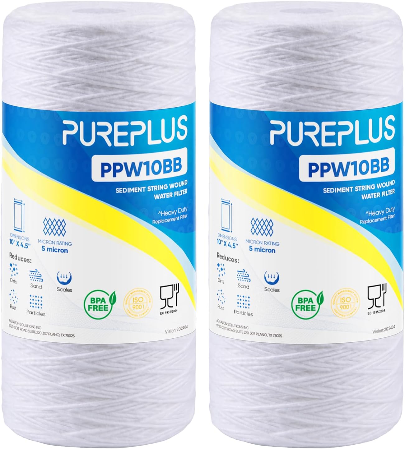 PUREPLUS 5 Micron 10 x 4.5 Whole House String Wound Sediment Filter for Well Wat...