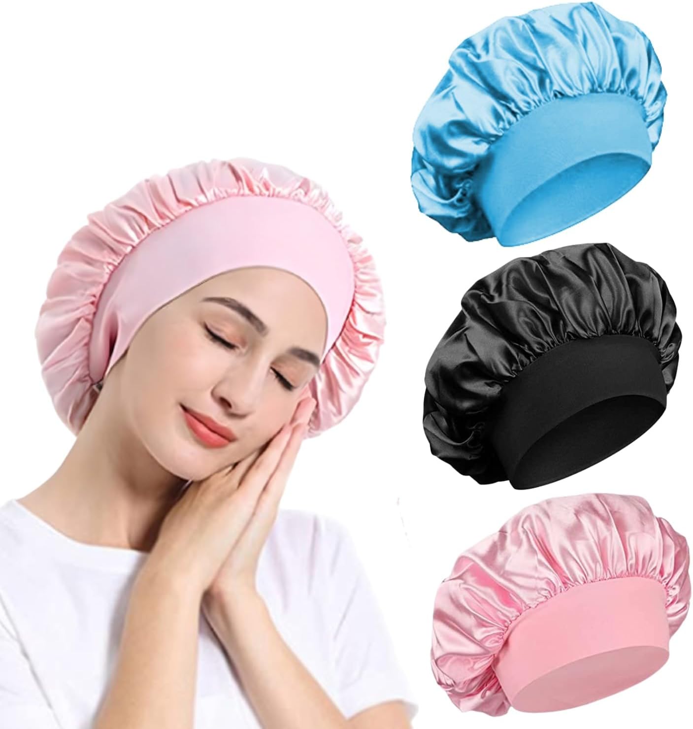 Satin Bonnet, Night Sleep Caps with Wide Elastic Band, Silk Wrap, Soft Head Cove...