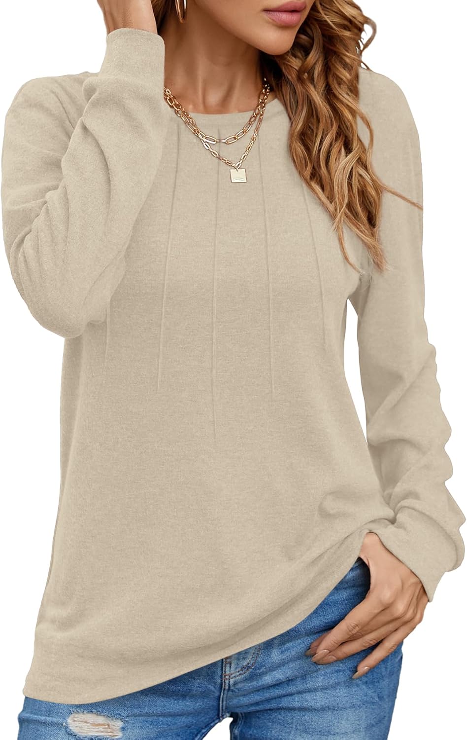 Women Long Sleeve Shirts Casual Tops Dressy Blouses Fashion Pleated Tunic Beige...