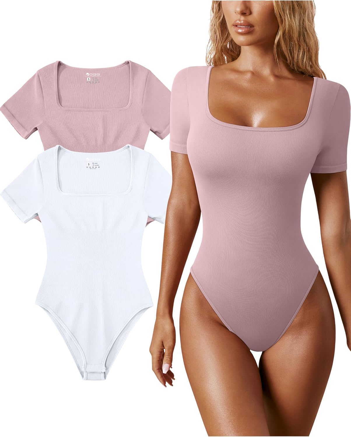 OQQ Women's 2 Piece Bodysuits Sexy Ribbed One Piece Square Neck Short Sleeve Bod...