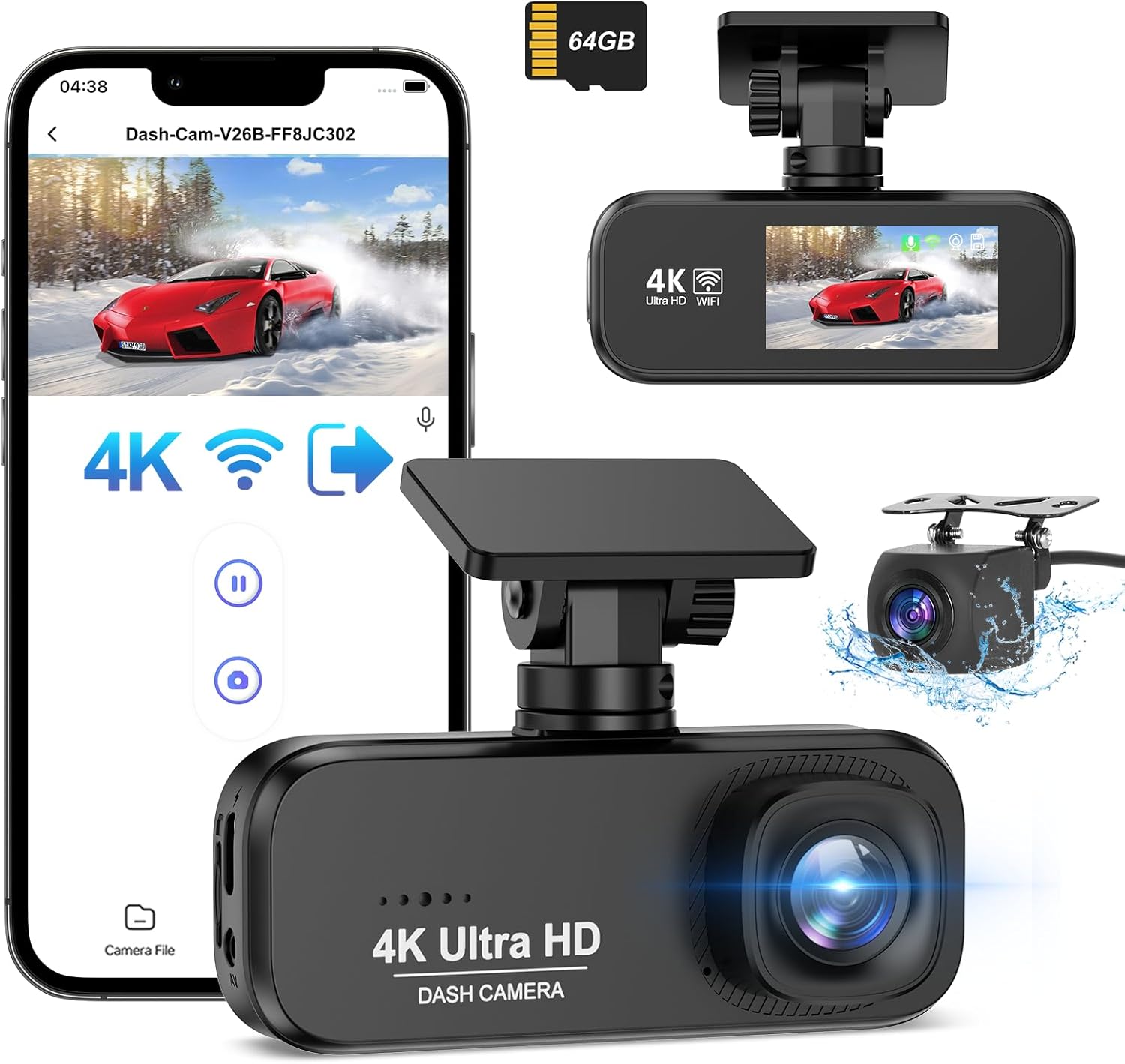 DYNACAM Dash Cam Front and Rear 4K+1080P, WiFi Dash Cam Free 64GB Card, Dash Cam...