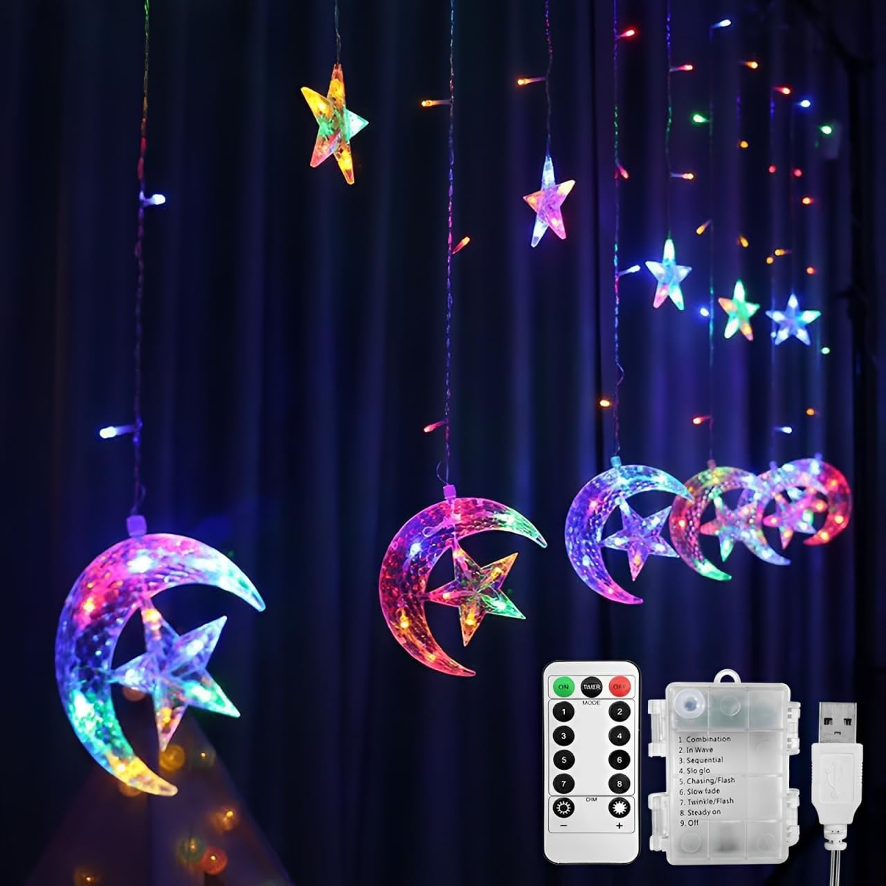 Jsdoin Ramadan Window Lights 3.5M LED Stars Moon Curtain Light Christmas String...