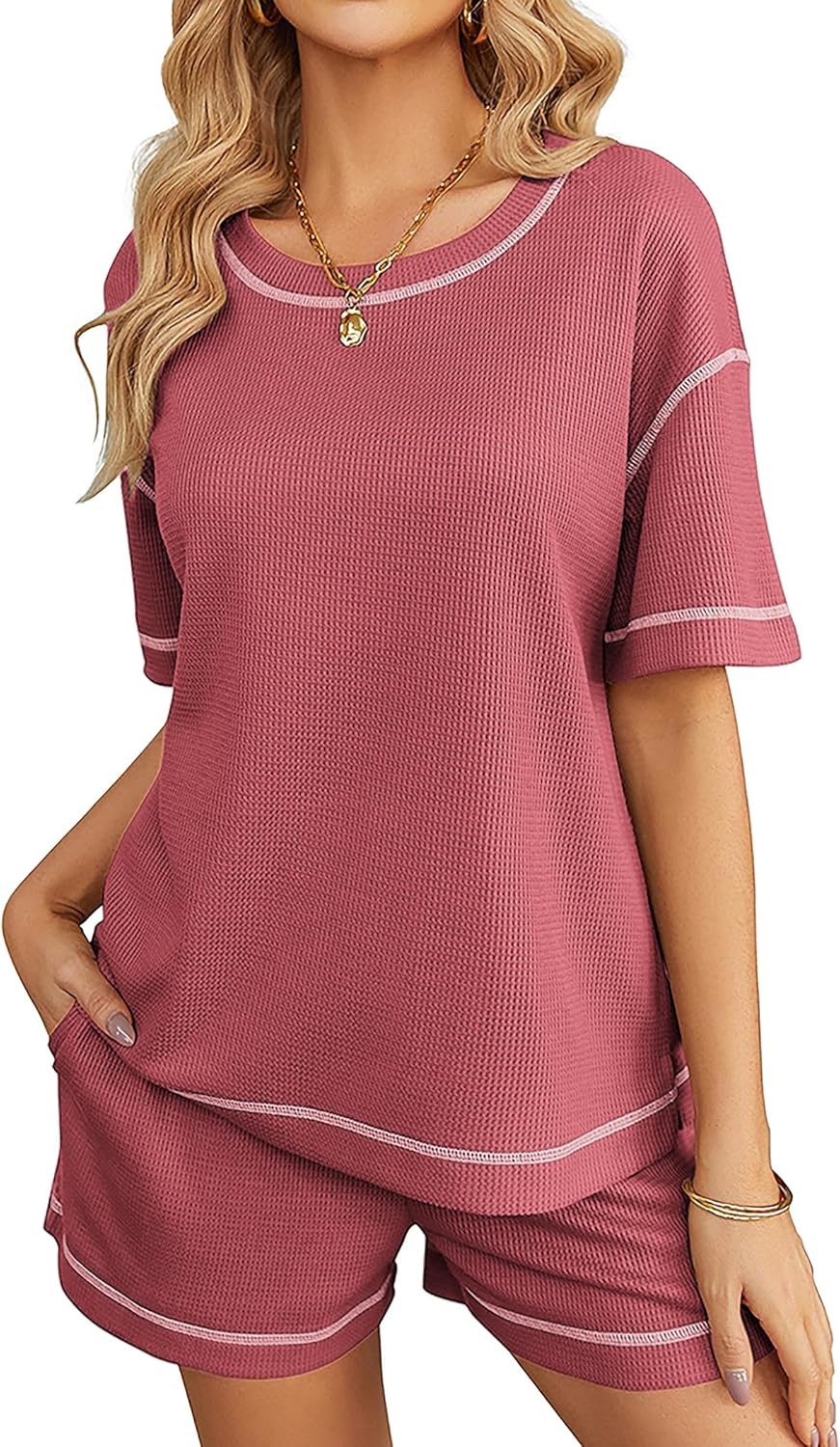 Ekouaer Pajamas for Women Set Waffle Knit Pajama Set 2 Piece Lounge Sets Loungew...