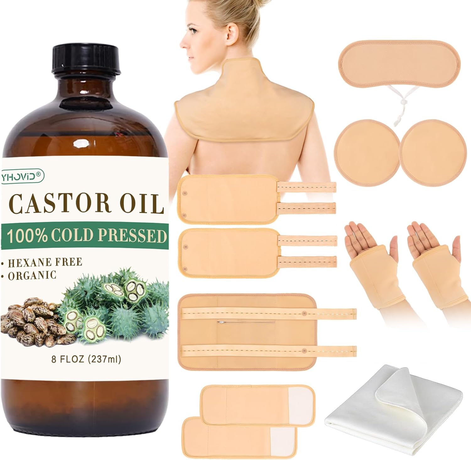 13 Pcs Castor Oil Pack Wrap, Castor Oil Organic Cold Pressed Unrefined Glass Bot...