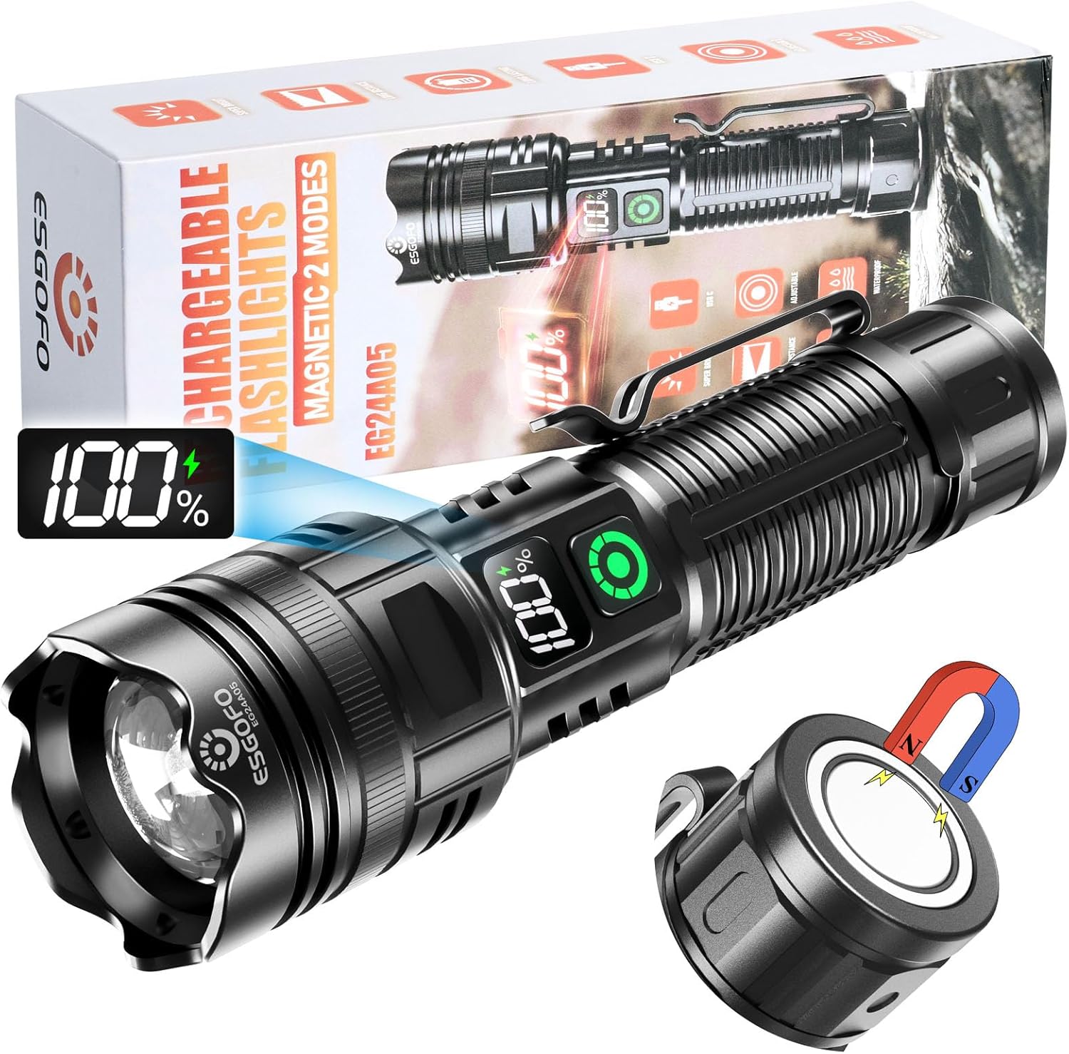 ESGOFO Rechargeable Flashlights High Lumens 1000000 2 Modes High/Low, Super Brig...
