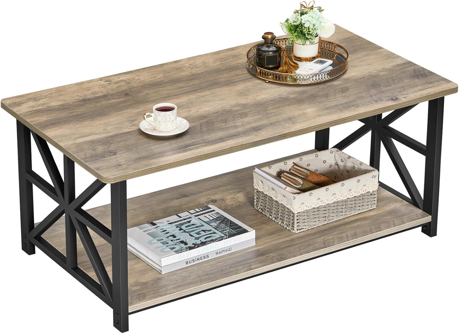 GreenForest Coffee Table for Living Room with Round Corners Farmhouse Style Cent...