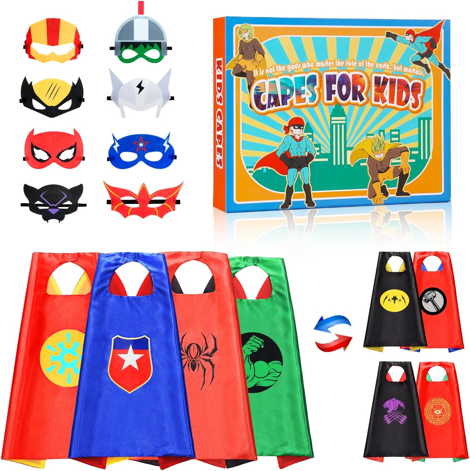 Gralal 4pcs Double-sided Superhero Capes 8 Masks for Kids-Party Costumes Gifts &...