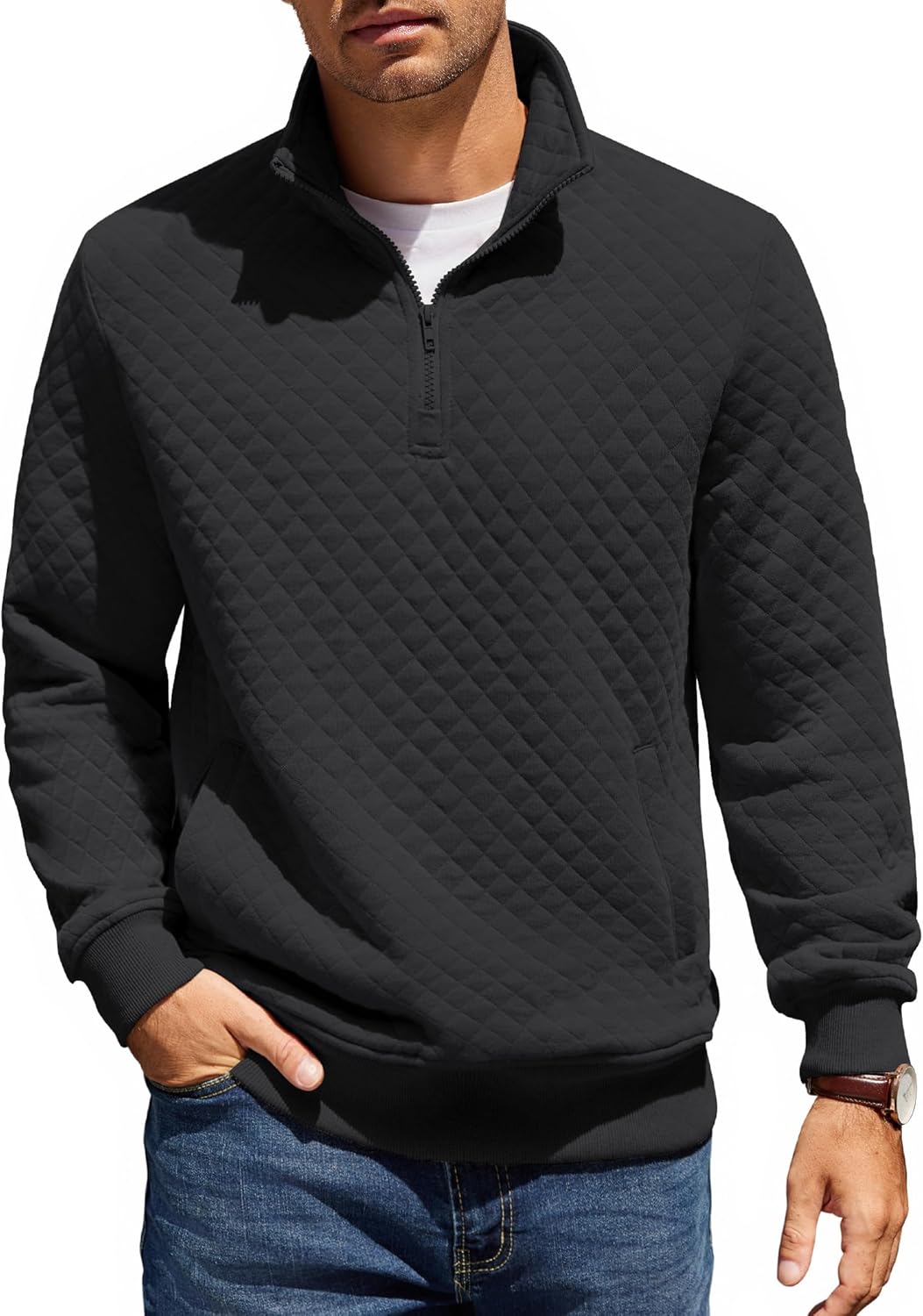 COOFANDY Mens Quarter Zip Pullover Quilted Sweatshirt Knit Long Sleeve Mock Neck...