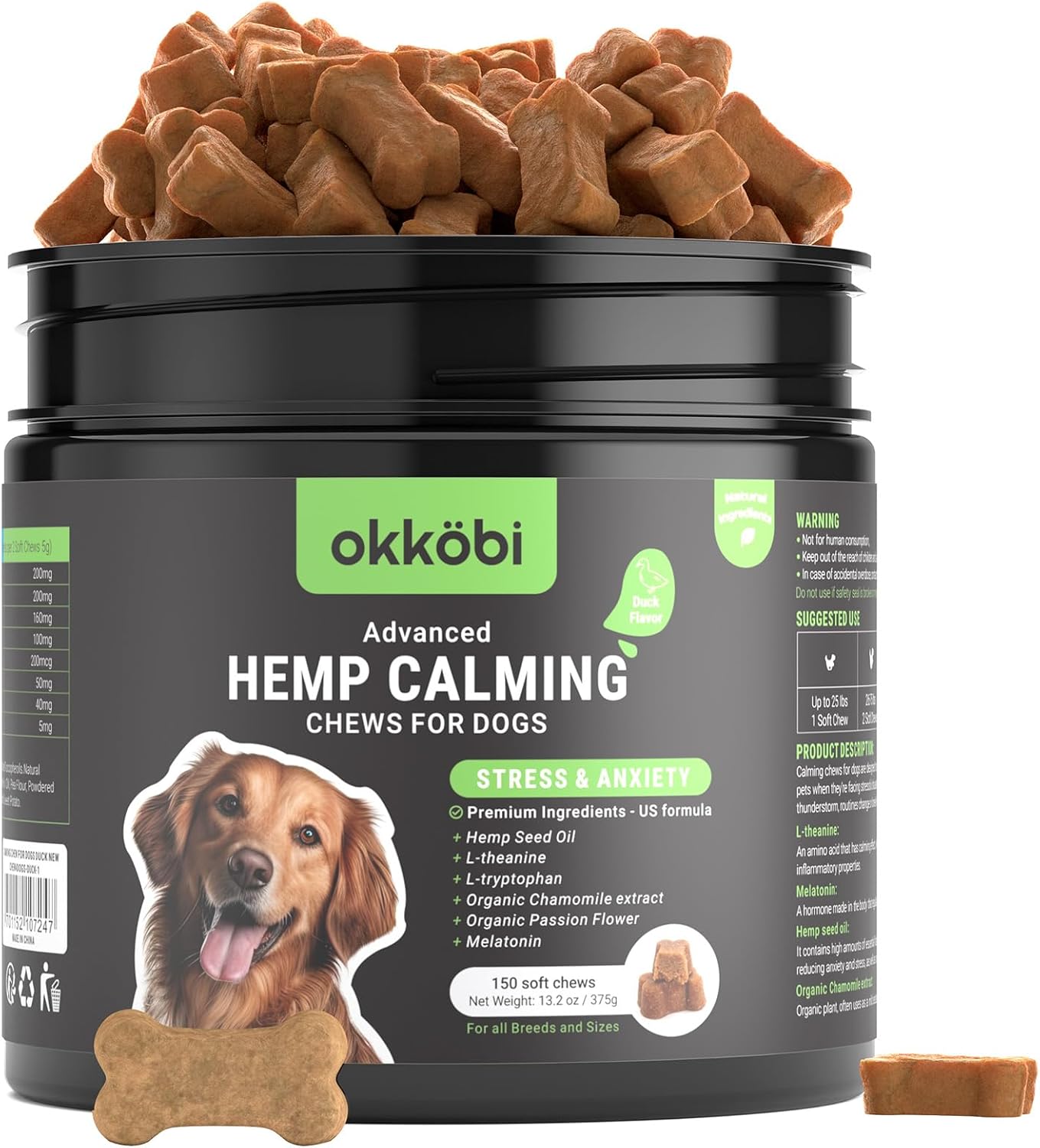 Hemp Calming Chews for Dogs, Innovative Anxiety Relief Chews Duck Flavored, Spec...