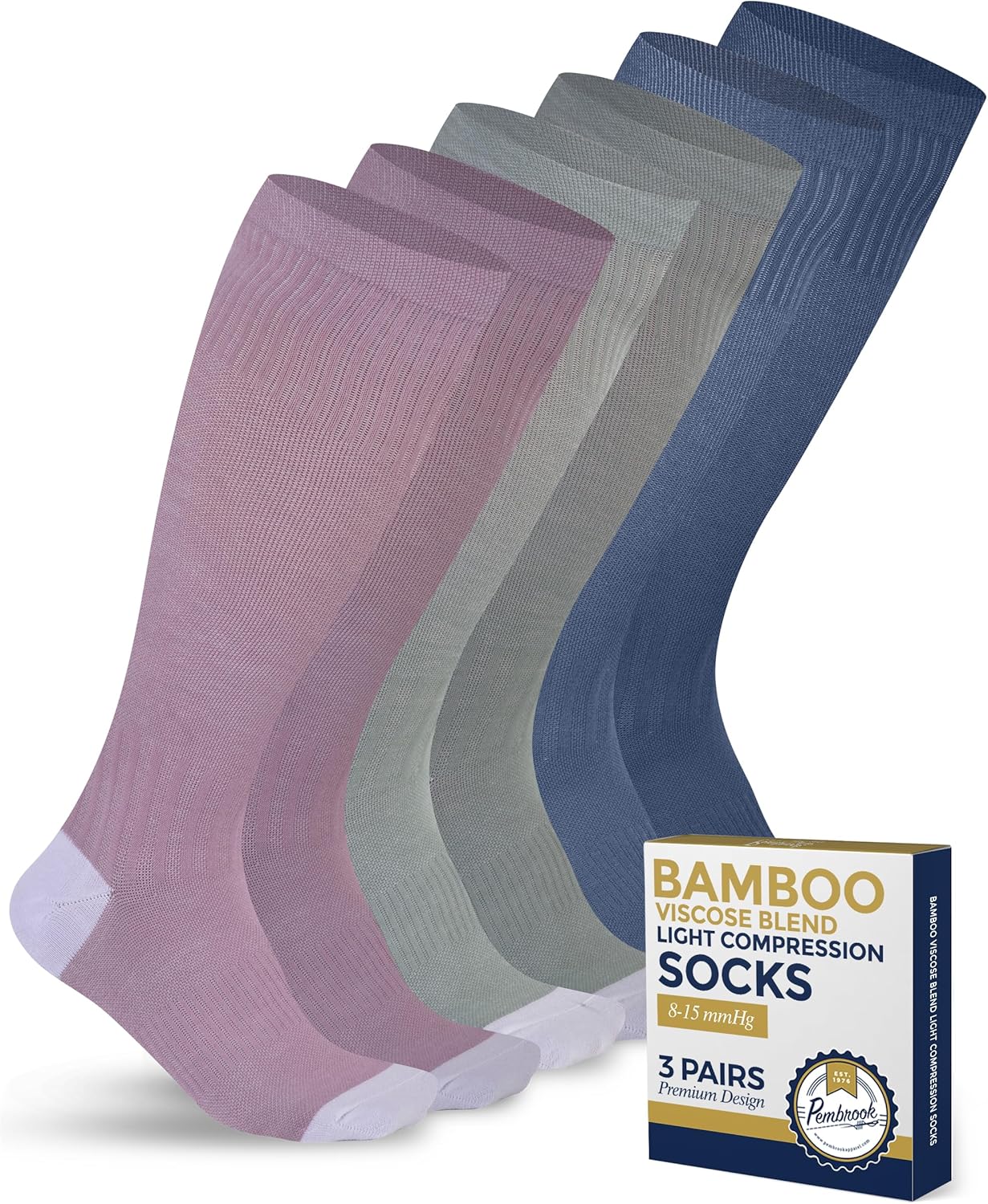 Pembrook Bamboo Viscose Light Compression Socks - 3 Pairs | 8-15 mmhg Compressio...