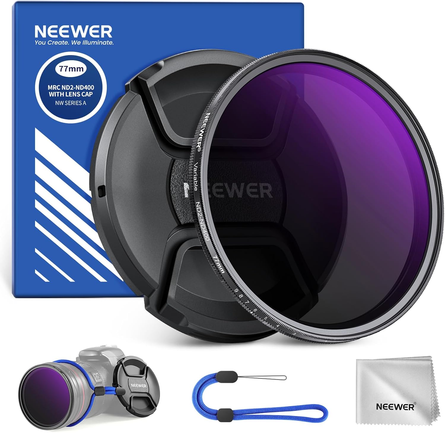 NEEWER 77mm ND2-400 (1-9 Stops) Variable ND Filter with Lens Cap, Lanyard, Clean...