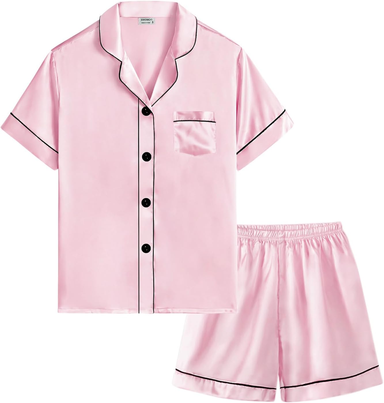 SWOMOG Kids Silk Satin Pajamas Set Girls Boys Button-Down Sleepwear Short Sleeve...