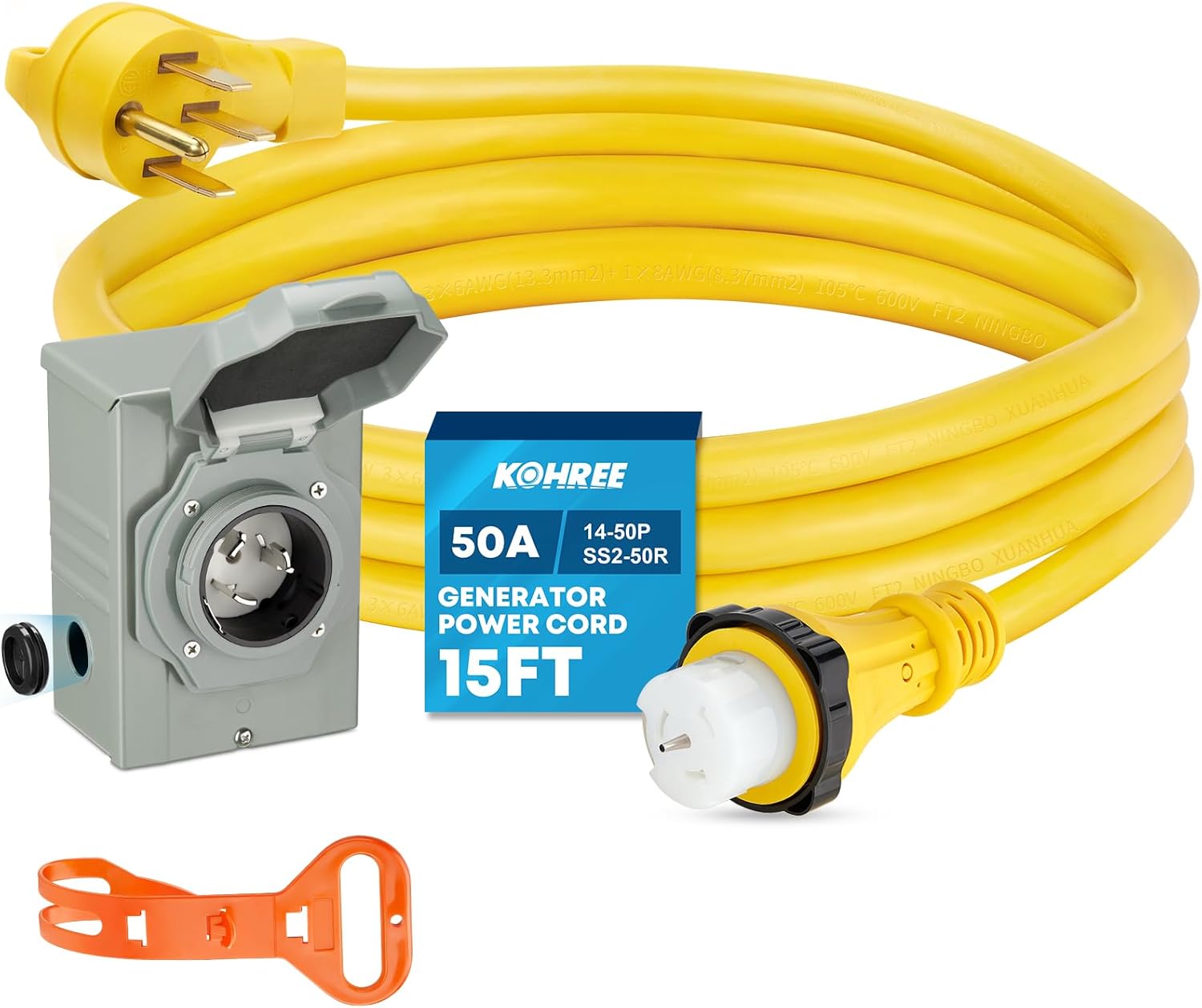 Kohree 50 Amp Generator Cord and Pre-drilled Power Inlet Box, 15FT 4 Prong NEMA...