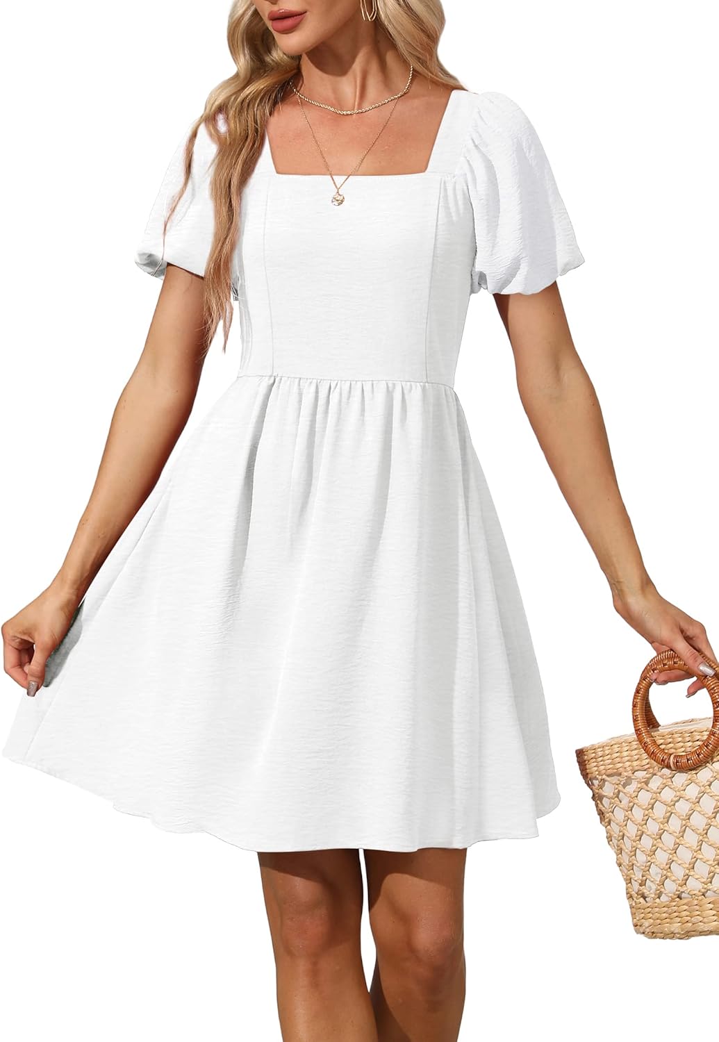 Women Puff Sleeve Square Neck Tie in Back Dresses with Zipper Medium A White