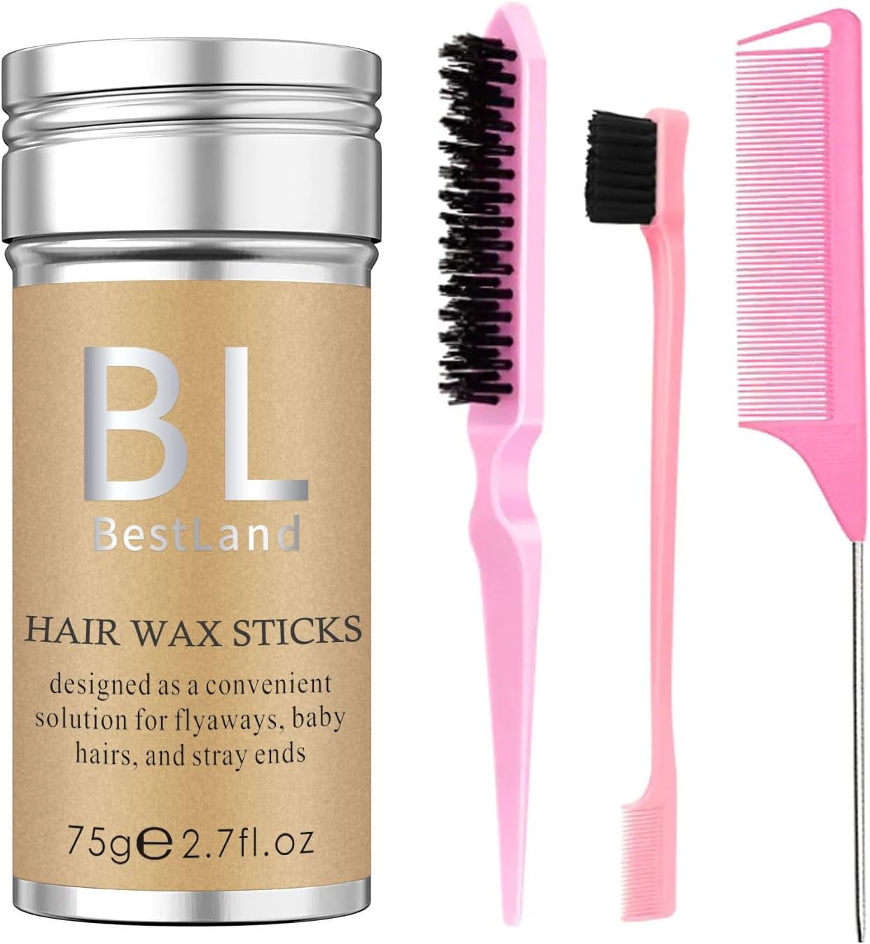 Hair Wax Stick & Pink Brush Set -Versatile Hair Styling Kit, Long-Lasting Anti-F...