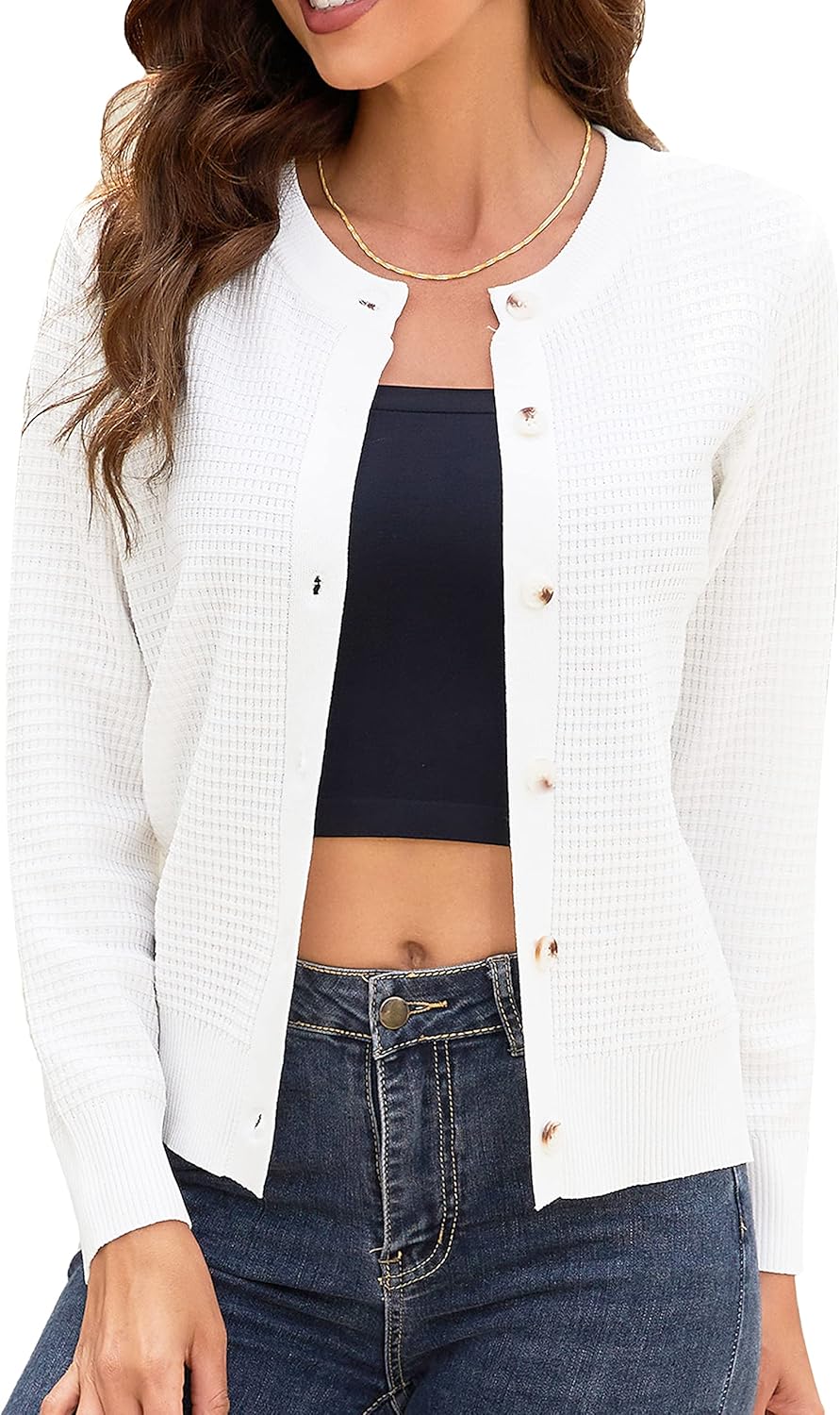 Women's Crew Neck Button Down Long Sleeve Solid Knit Classic Cardigan Sweater Wh...