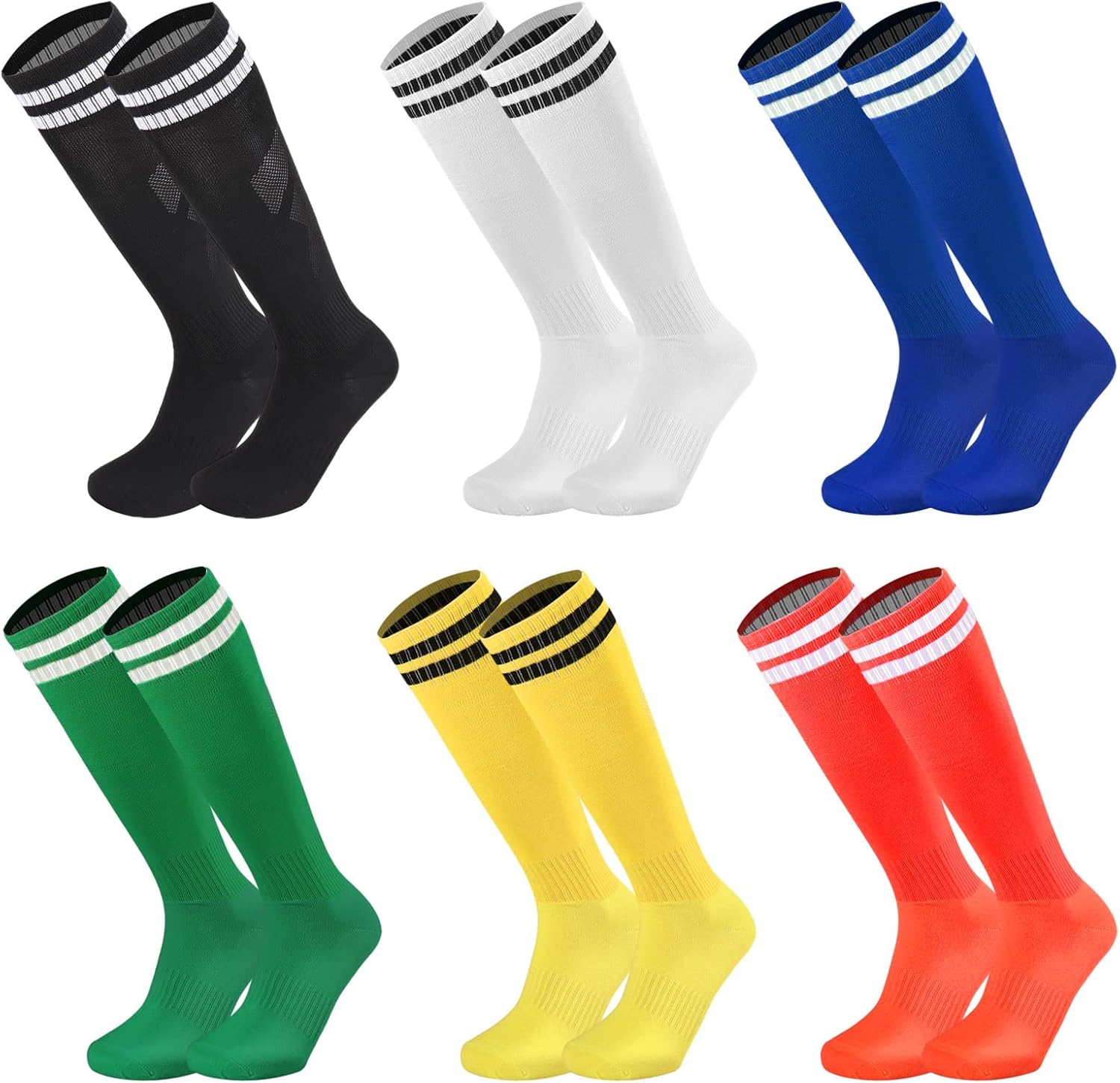 Ultrafun 6 Pairs Kids Youth Soccer Socks Solid Striped Knee High Tube Football S...