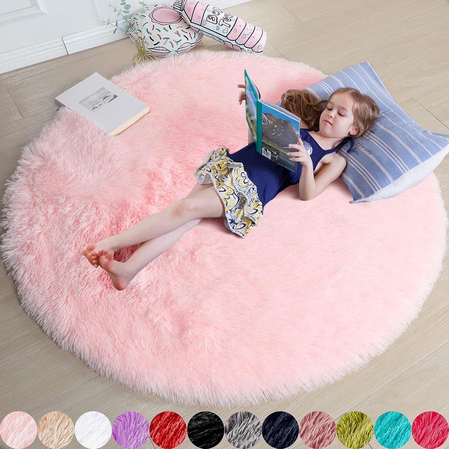 Amdrebio Pink Round Rug 4Ft for Girls Bedroom, Fluffy Circle Area Rugs for Kids...