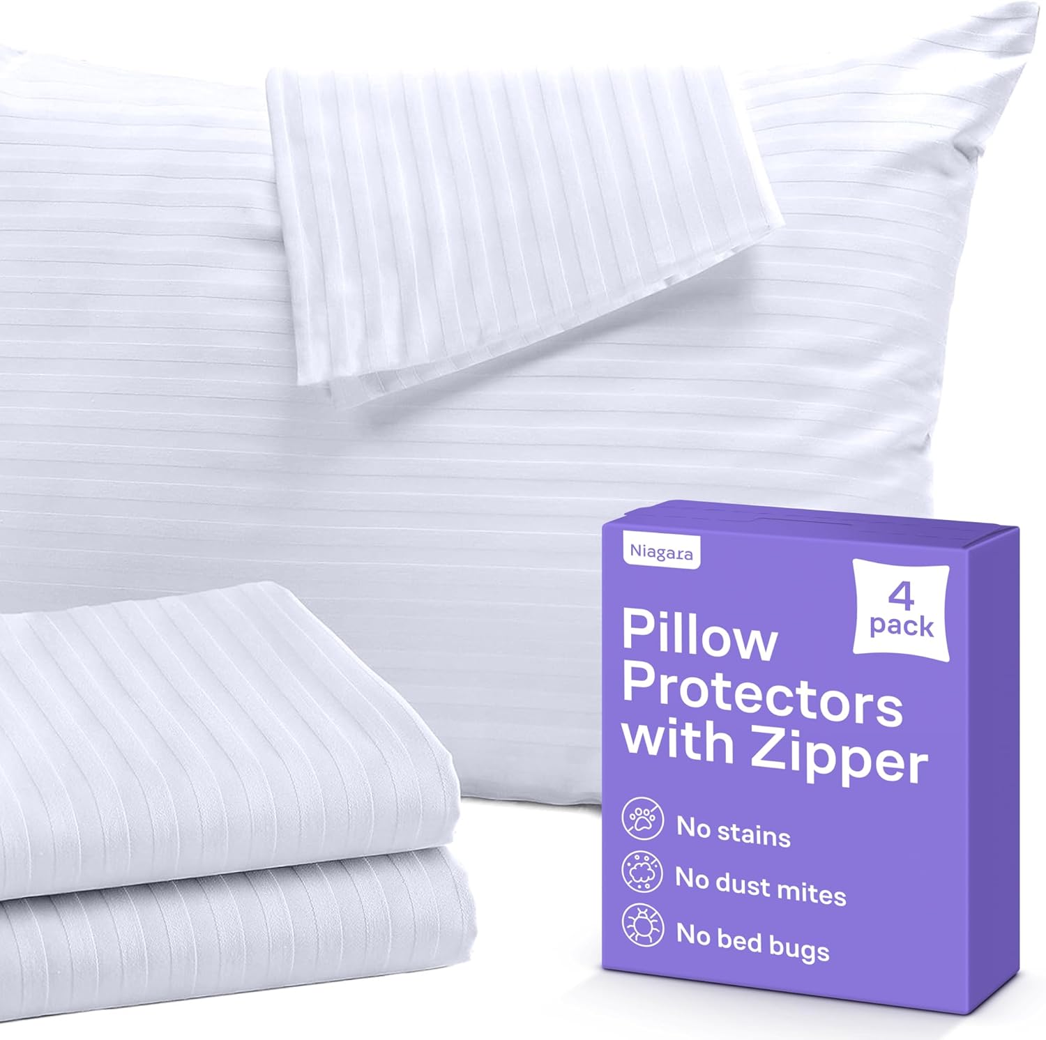 Set of 4 Pillow Protectors with Zipper Standard Size - 100% Resistant to Stains,...