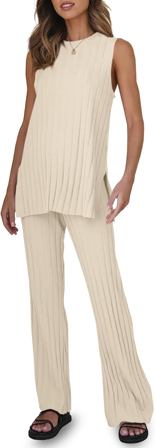 Tankaneo Two Pieces Outfits Sleeveless Top Knit Sets Trendy Lounge Long Pajamas...