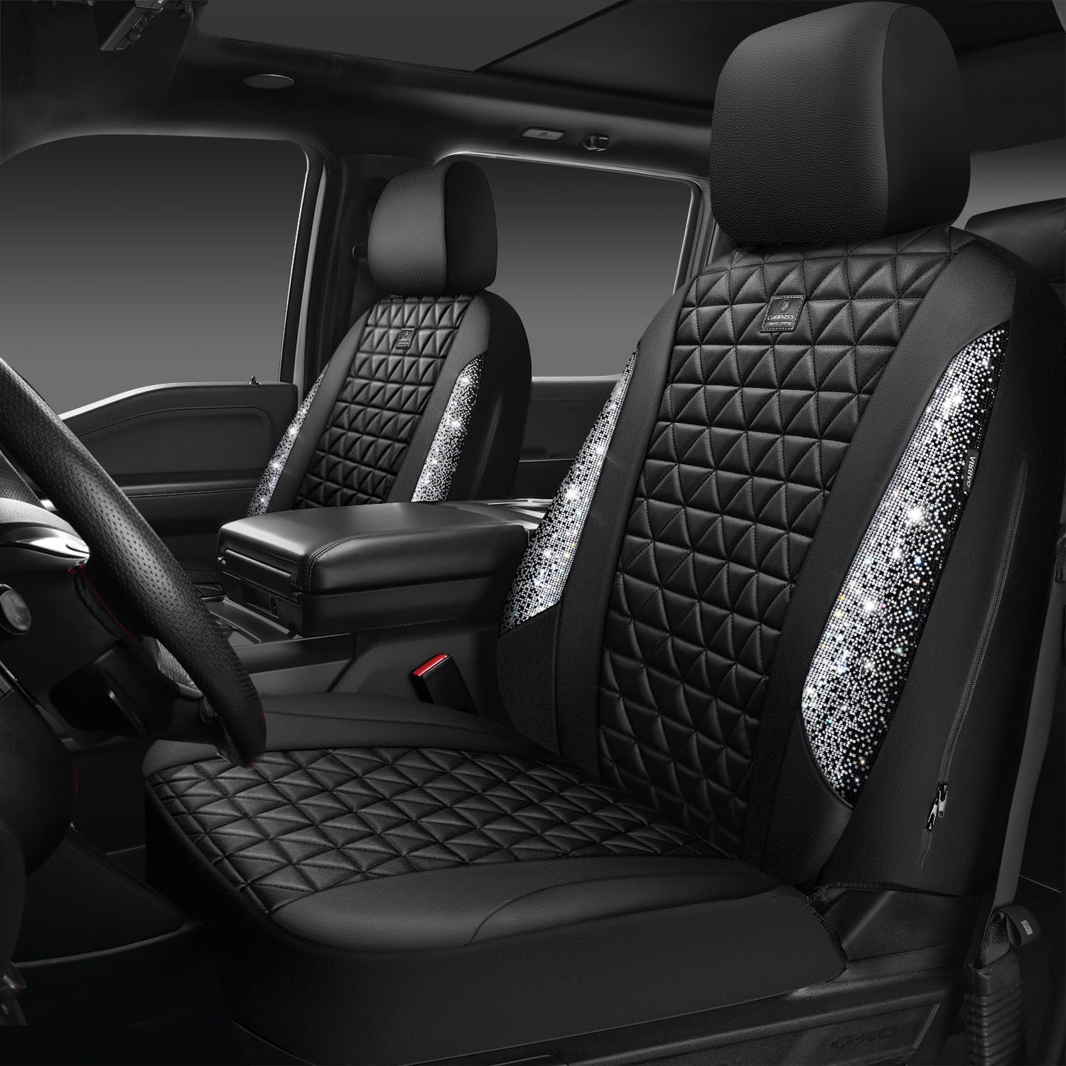 CAR PASS Bling Diamond Leather Car Seat Covers for 2 Front Interior Sets, Waterp...