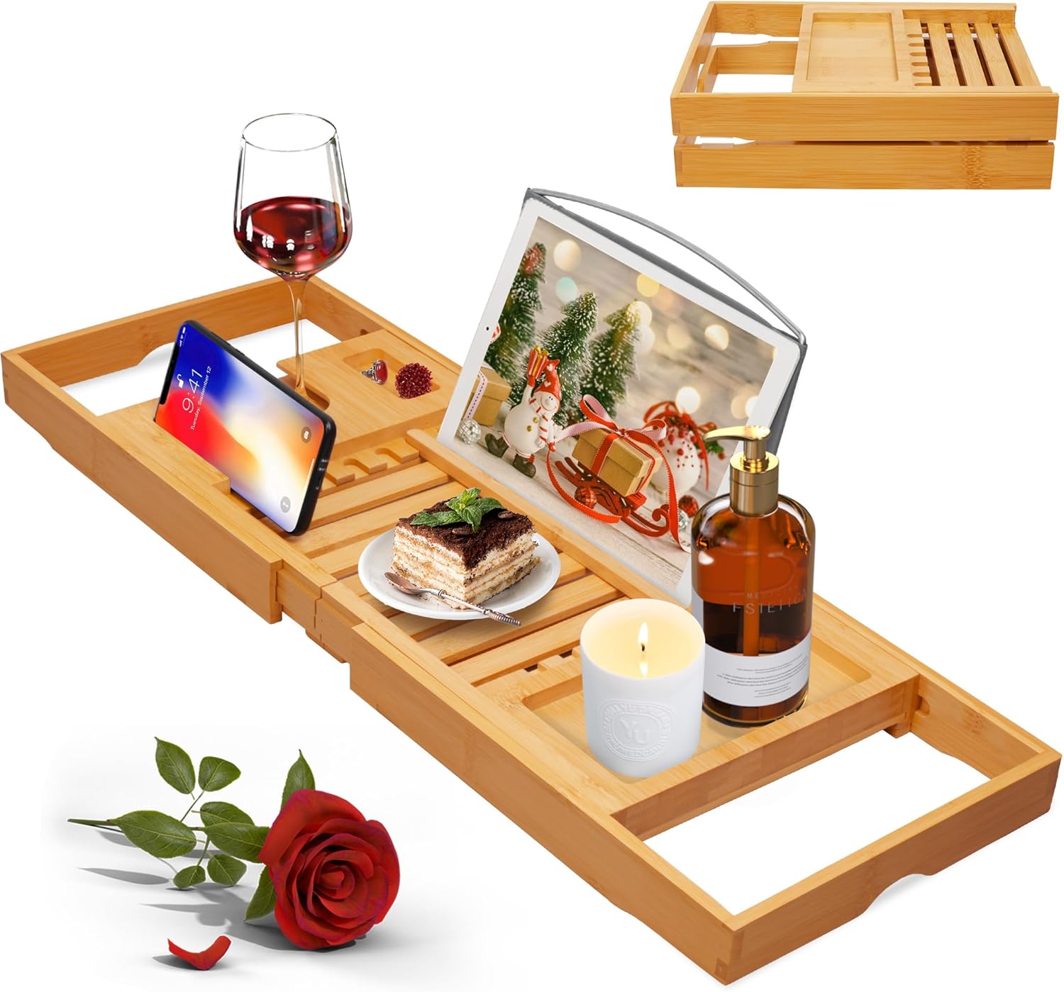 Artmalle Luxury Bathtub Caddy Tray for Tub - Foldable Bamboo Bath Table Tray wit...