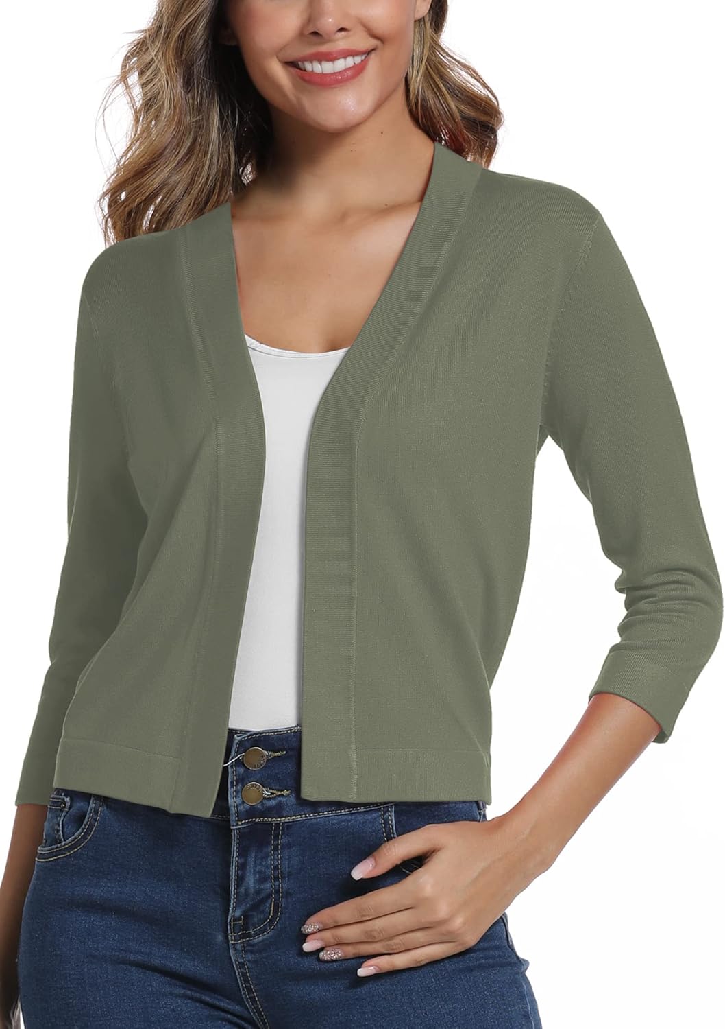 Women's Lightweight Knit Cropped Cardigan, Special 3/4 Sleeve Open Front Bolero...